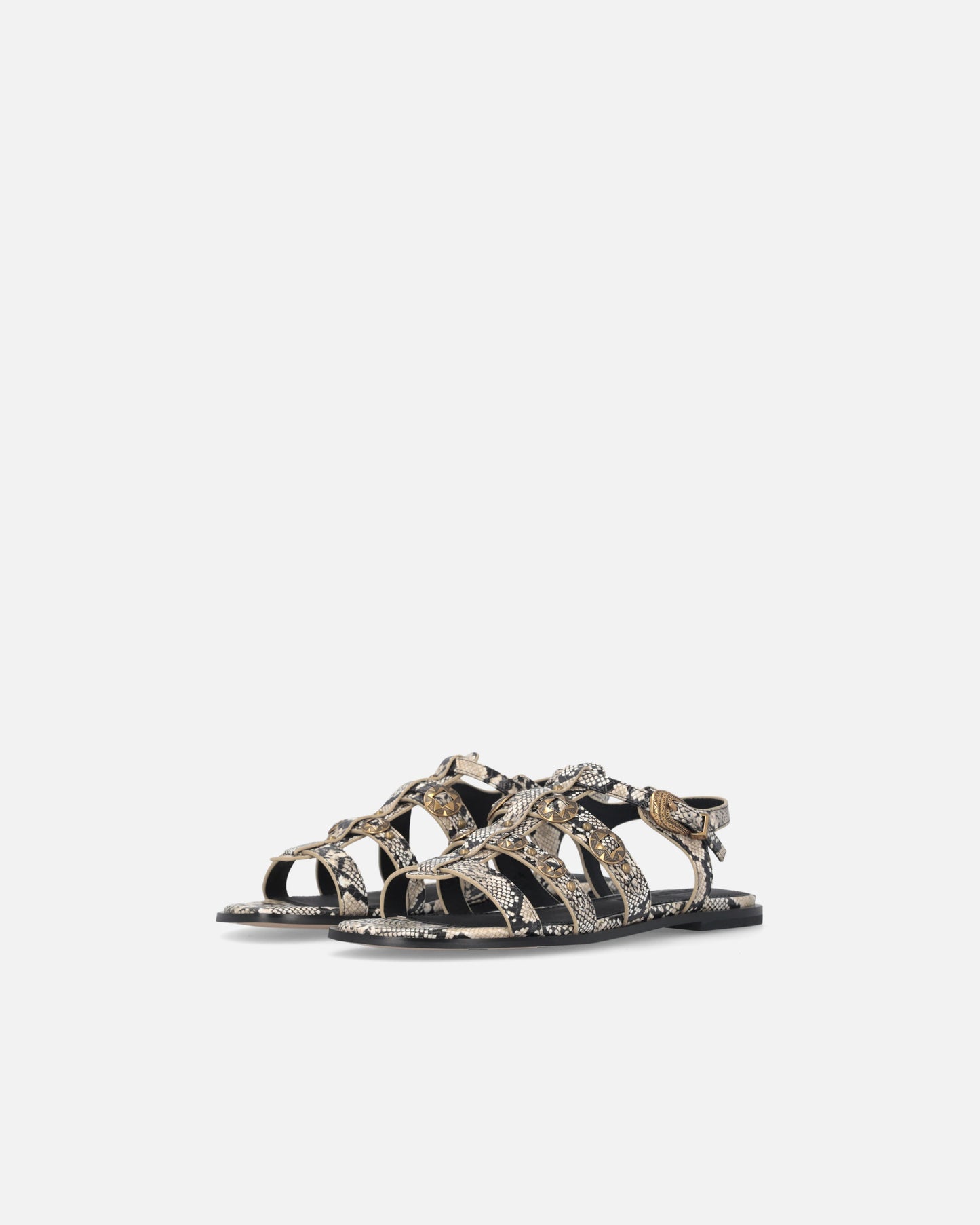 Flat leather sandals with python print and studs