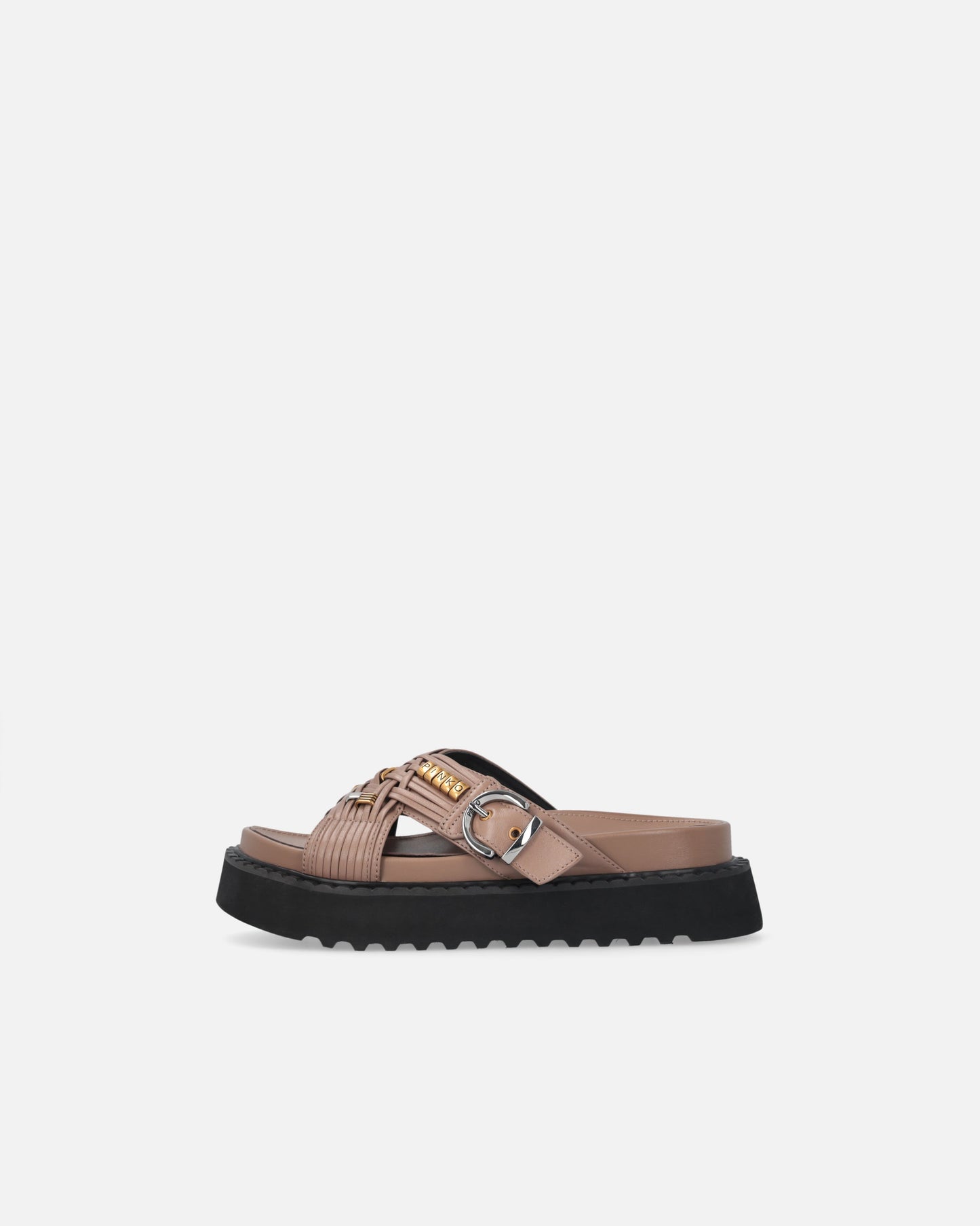 Woven nappa leather slip-on sandals with metallic rings