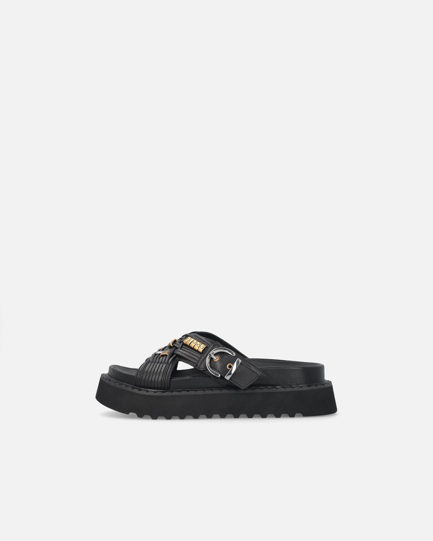 Woven nappa leather slip-on sandals with metallic rings