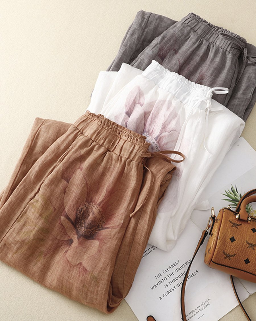 Baumwoll-Leinen-Hose mit platziertem Print und lässigem Temperament