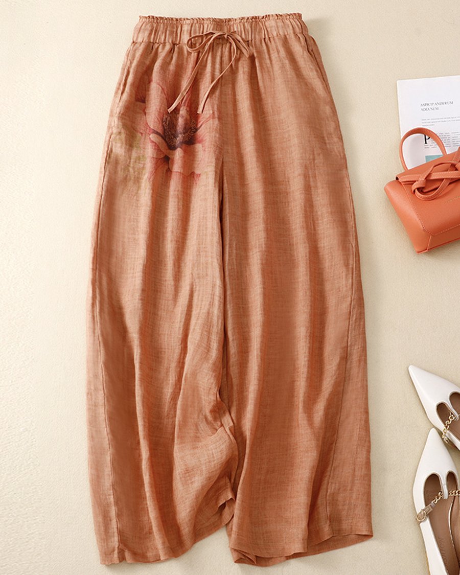 Baumwoll-Leinen-Hose mit platziertem Print und lässigem Temperament