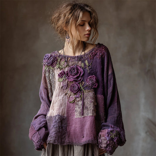 Vintage Purple Roses Boho Lace Patchwork Linen Tunic