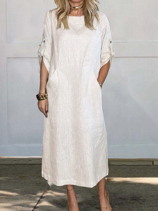 🔥HOT SALE🔥Women Summer Solid Color Linen Cotton Casual Double Side Pocket Dress(ALMOST SOLD OUT)