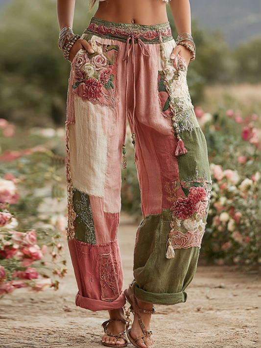 Love & Health Kollektion Retro-Rosen- und Blumen-Patchwork-Leinenhose