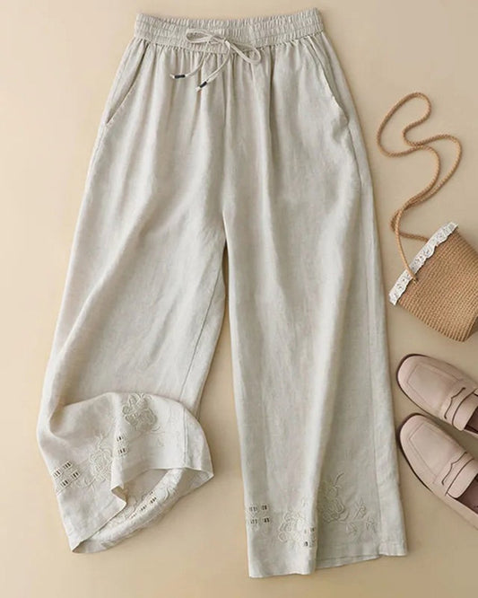 Loungehose aus bestickter Baumwolle und Leinen mit Cutouts