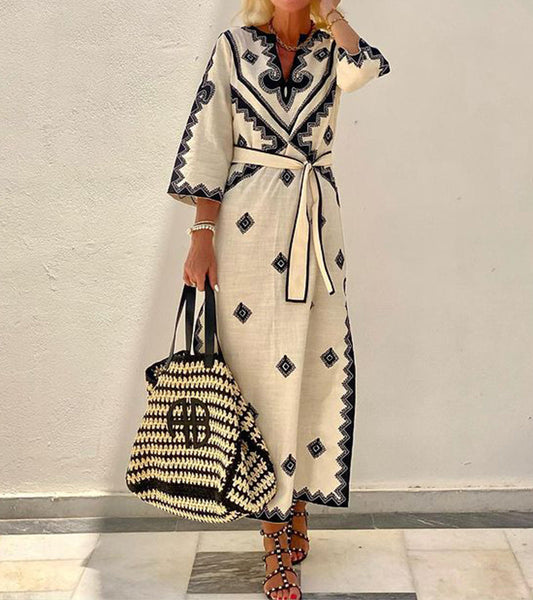 Maxi dress with baroque border print