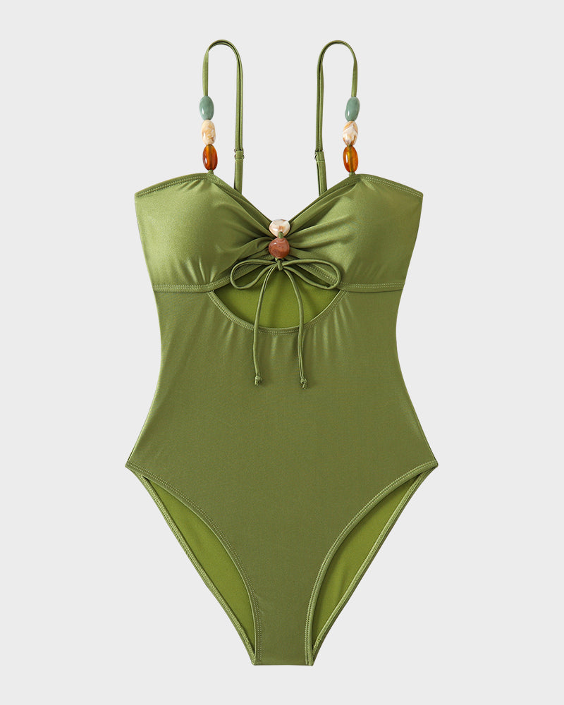 Eleganter Perlen-Satin-Badeanzug mit Cut-Outs
