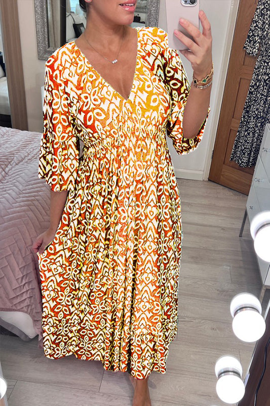 2024 Neues böhmisches legeres V-Ausschnitt-Kleid mit Print (2 kaufen, kostenloser Versand)
